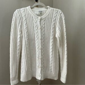 L.L. Bean 100% Cotton Shaker Cable Knit Cardigan Sweater Ivory Size Medium